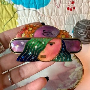 vintage 70s david kuo fanciful woman art deco cloisonné pendant brooch